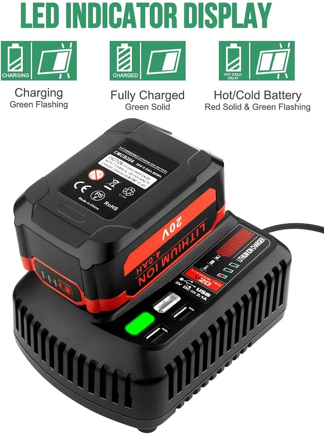 CMCB104 V20 Battery Fast Charger Replacement for Craftsman V20 Craftsman 20V max Lithium Compact Batteries Lithium Battery CMCB202 CMCB204 CMCB206 with 2 USB Ports - Image 4