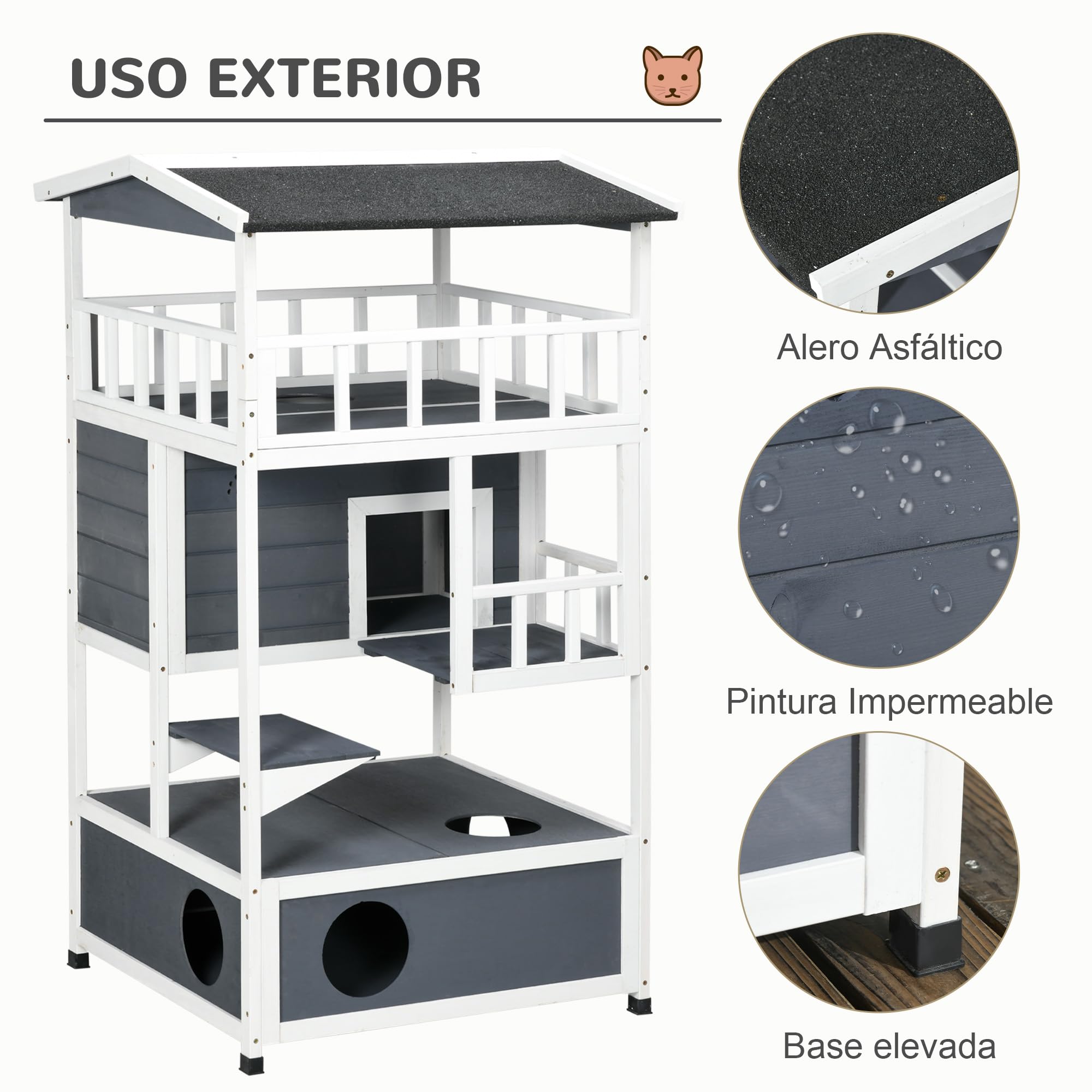 Pawhut Casa para gatos de madera de abeto con gran espacio de 4 niveles y espacio extraíble para arena, 78 x 76 x 140 cm, gris y blanco