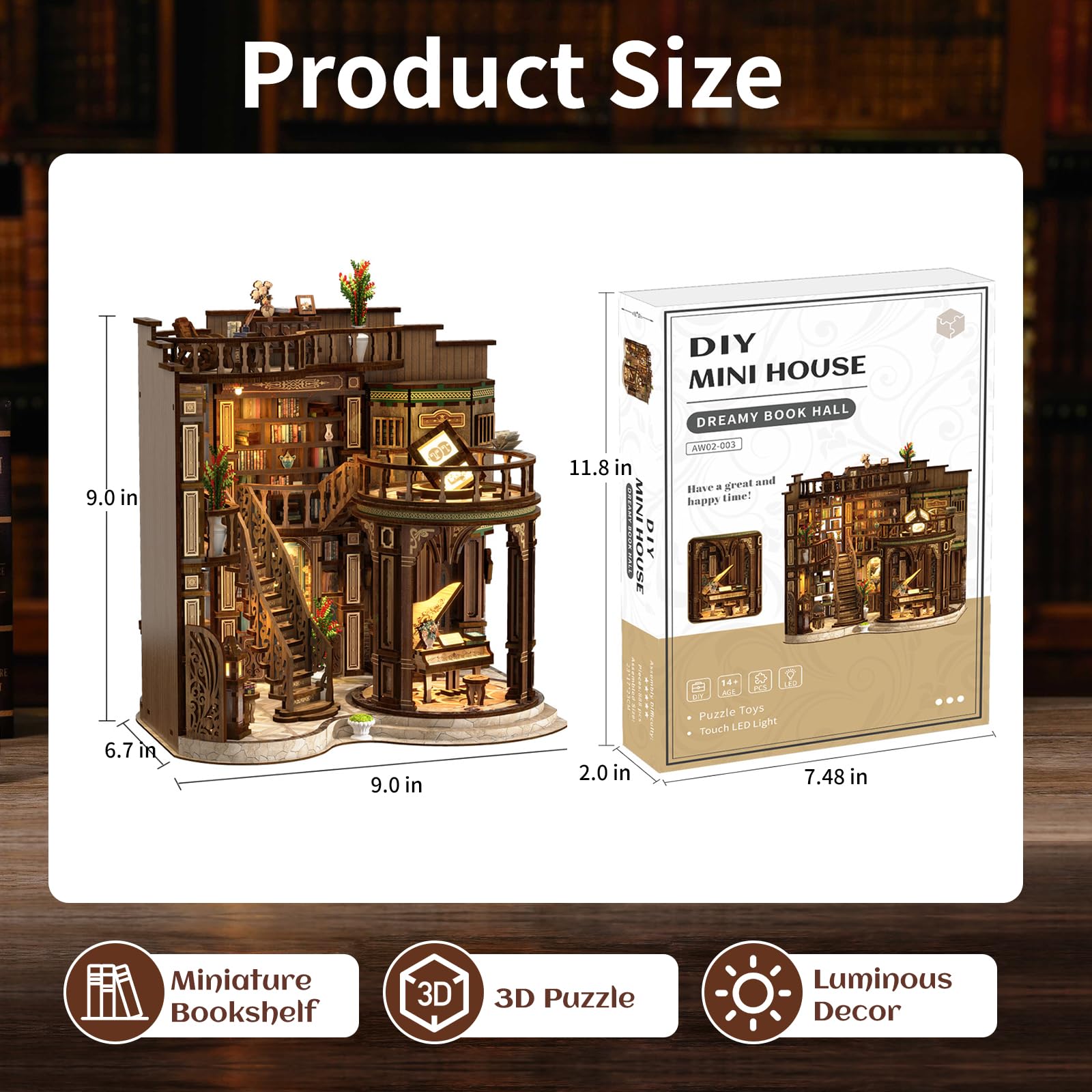 Zestawy do samodzielnego wykonania, kącik na książki, dla dorosłych, drewniane puzzle, BookNook, miniaturowy dom z oświetleniem LED, dekoracja regału, biblioteka, zestaw dioram, modelarstwo, podpórka