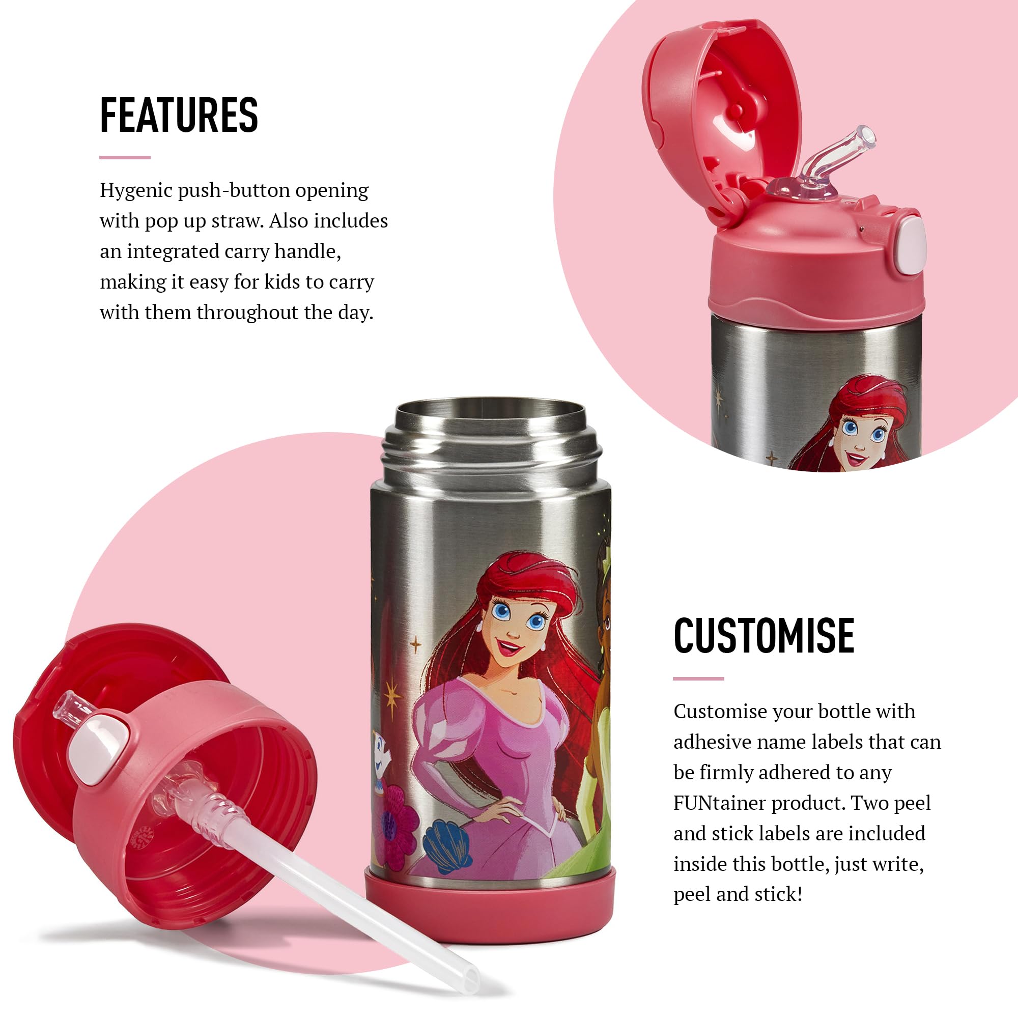 Thermos, Disney Princesses Water Bottle (355ml), BPA Free, Stainless Steel, Spill Proof, Pop-Up Straw - Image 4