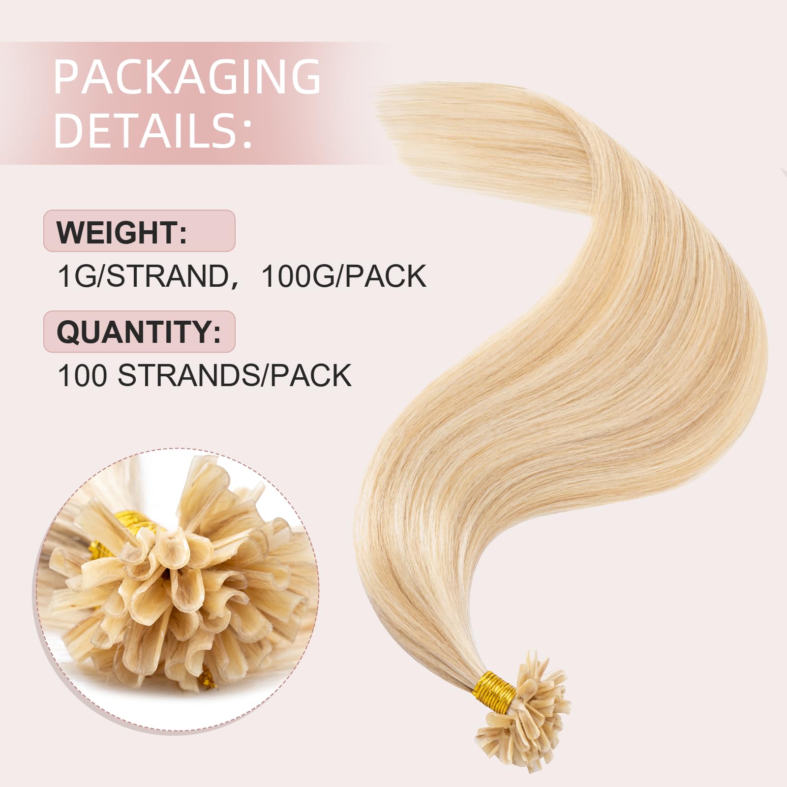 Silk-co U Tip Pre Bonded Hair Extensions Strands Keratin Nail Tip Straight Human Hair Extensions U tip Real Remy Hair 100 Strands Keratin Nail Til 24"-100g #18P613 Ash Blonde&Bleach Blonde - Image 2