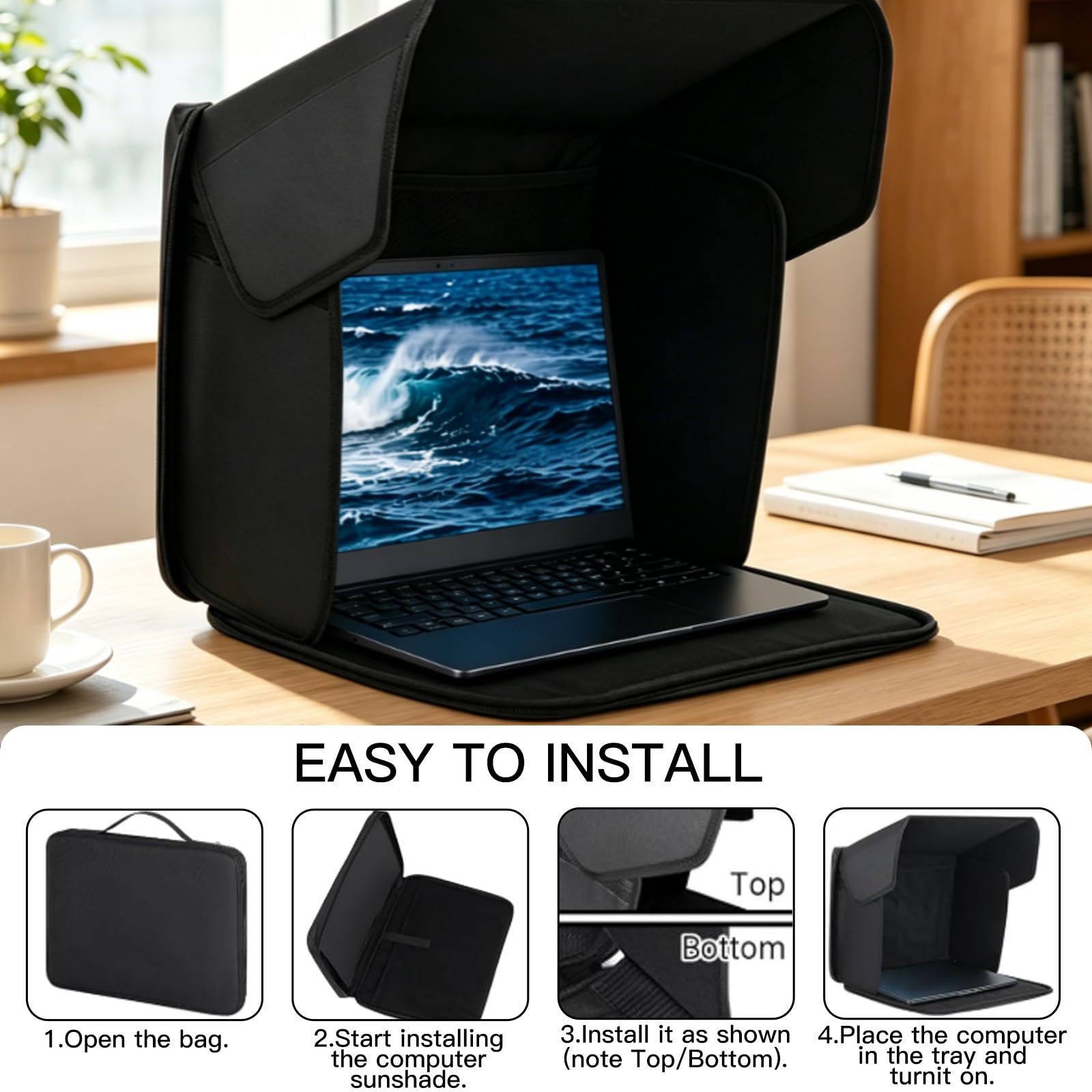 Parasole per laptop da 16 pollici, parasole portatile e tasca per laptop 2 in 1, efficace antiriflesso e privacy, leggero e robusto, per lavoro e viaggi, protezione solare universale per laptop (nero