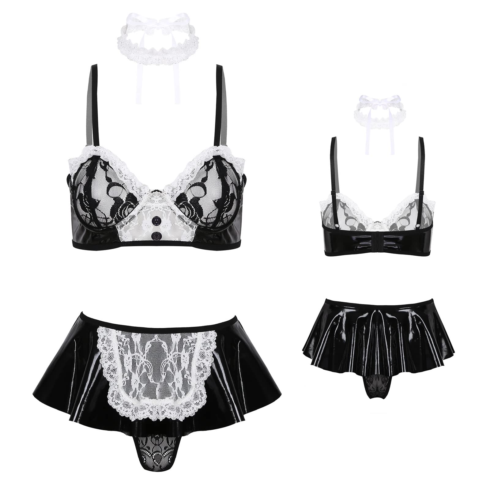 Lingerie Trasparente Donne Lingerie Sexy Maid Costume Cosplay Indumenti da Notte in Pizzo Reggiseno Top con Gonna G-String Collo Anello Sesso
