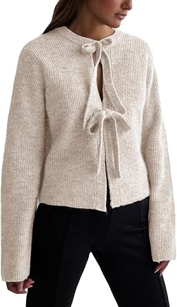 Womens Cropped Ribbed Knit Cardigan Long Sleeve Bow Tie Front Open Front Knitwear TopsApricot,M