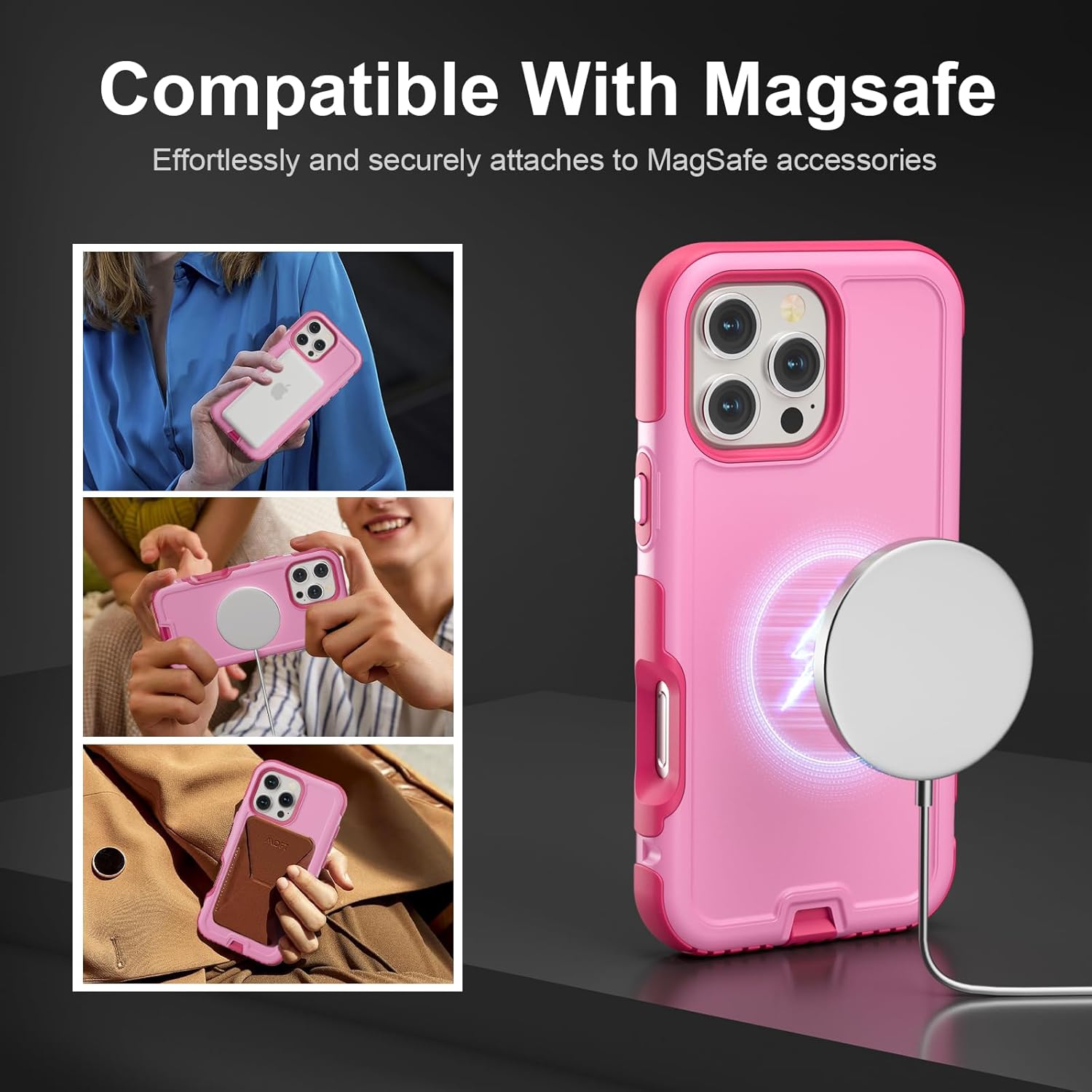 for iPhone 16 Pro Max Case, Compatible with MagSafe, Heavy Duty Shockproof Protective Phone Case, Anti-Drop Protection, Dual Layer Magnetic Phone Cover for iPhone 16 Pro Max, 6.9", Pink - Image 3