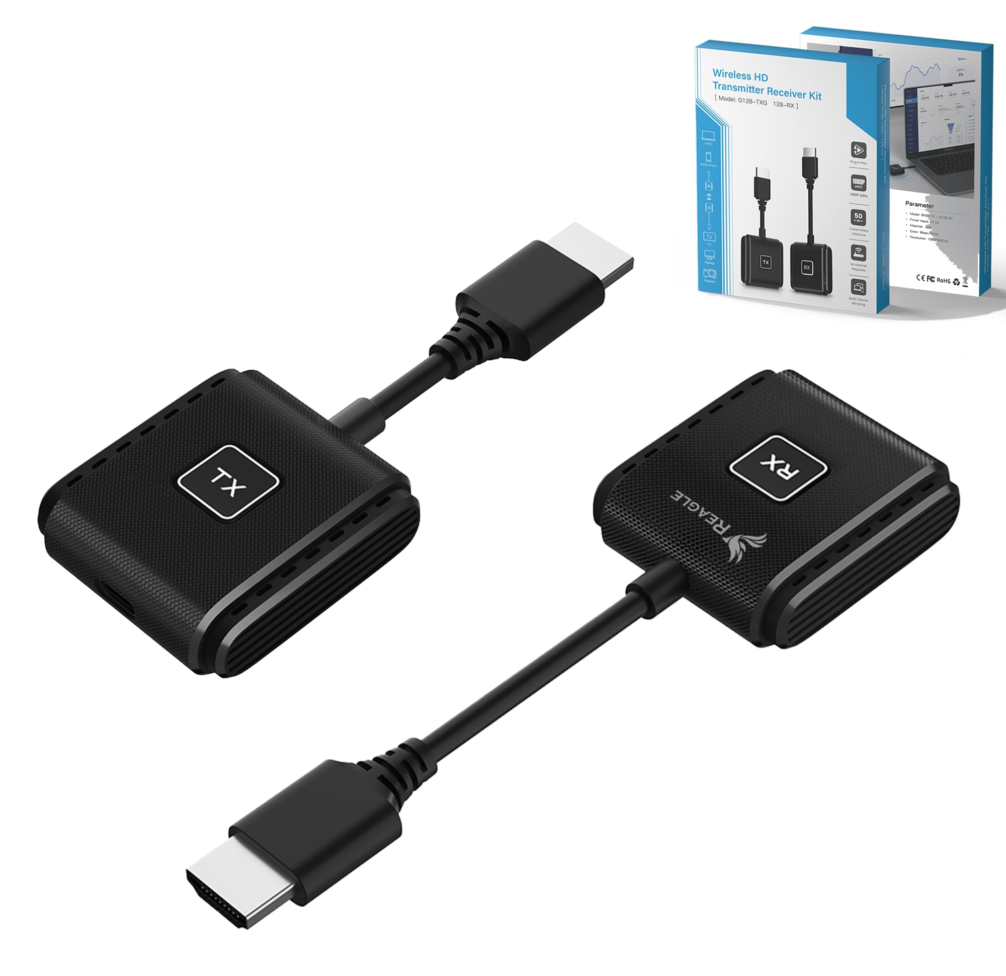 Reagle Bezprzewodowy transmiter i odbiornik HDMI Full HD 1080p 60Hz, zasięg 50 m, Plug & Play HDMI bezprzewodowy adapter do telewizora, projektora, laptopa, komputera, nie wymaga Wi-Fi