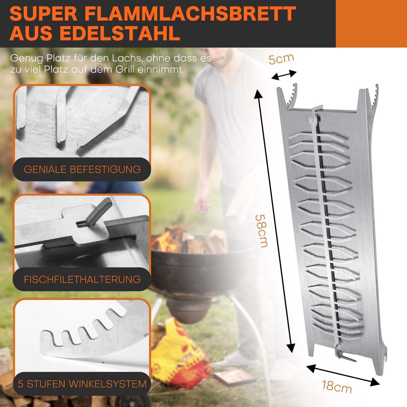 Flammlachsbrett Edelstahl mit Halterung 58 * 18 * 5cm Extra Groß, 5 Stufen Winkelsystem | 20 Fischfilethalterung Flammlachs Fisch Flammlachsbretter für Feuerschalen Grillpartys Camping