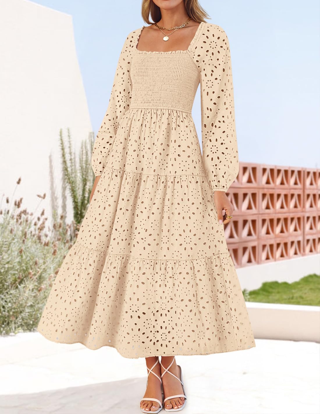 ZESICA Women's Spring Long Sleeve Maxi Dresses 2026 Square Neck Hollow Out Eyelet Smocked A Line Cocktail Party Dress - Image 9