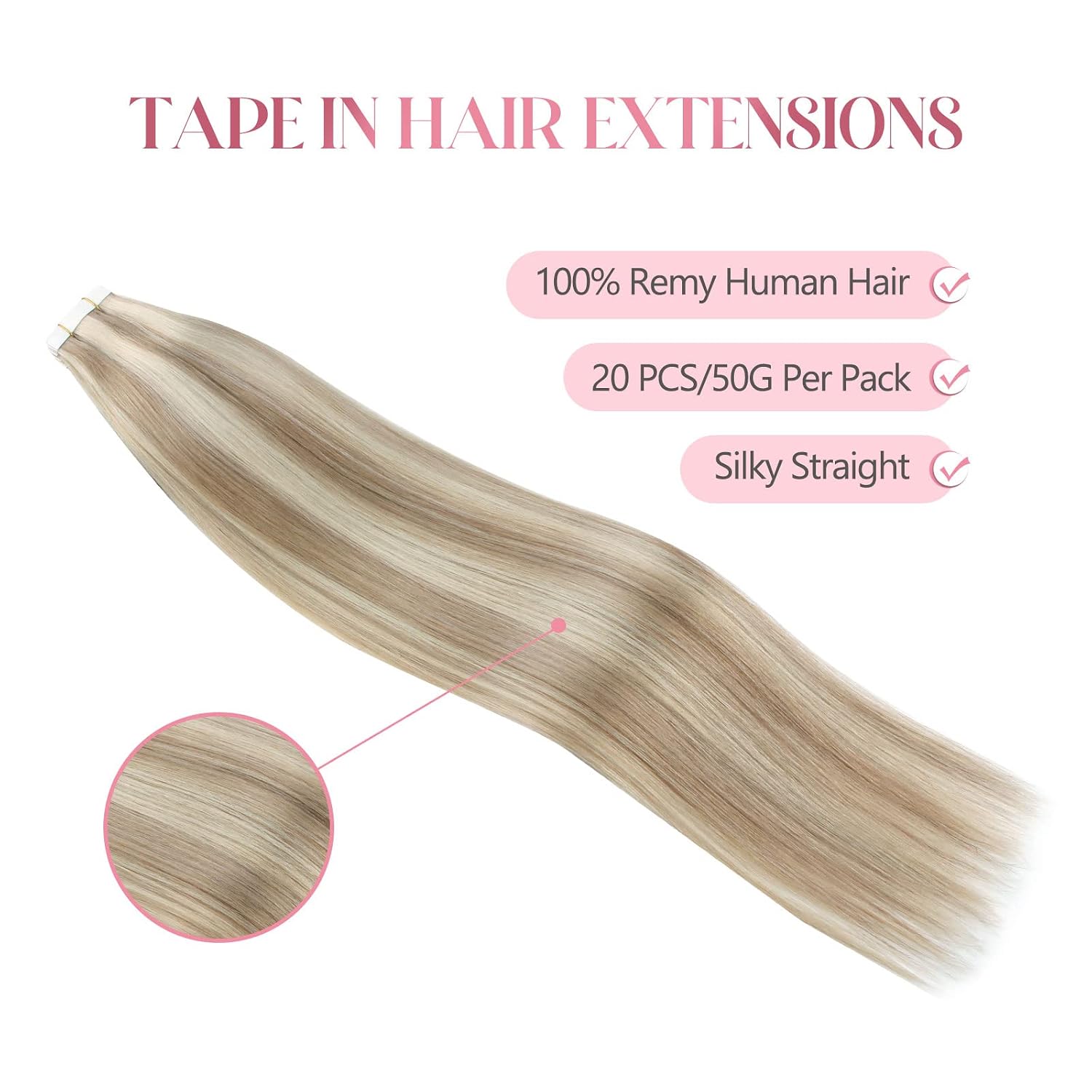 Sixstarhair Remy Tape In Hair Extensions Ash Blonde and Ash Brown Piano Color Remy Human Hair Lowlight Hair Extensions 20 Pieces Pack For White Women [P8-60 14inch]