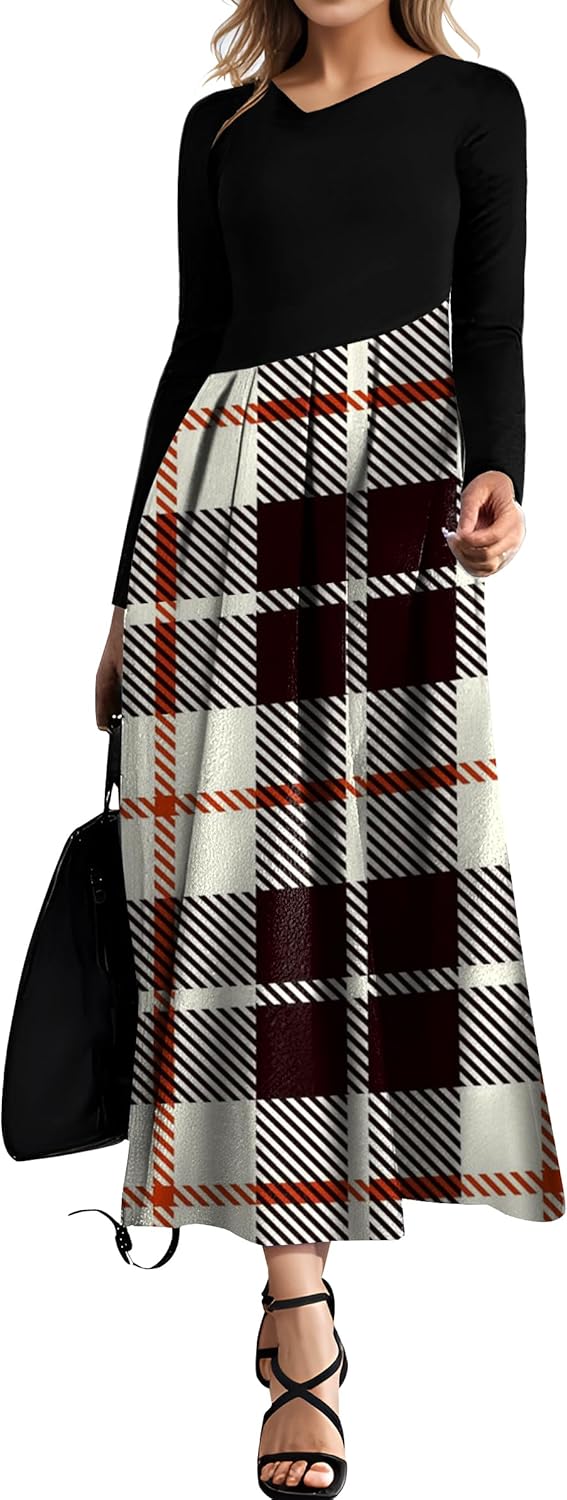 SAUKOLE Womens Maxi Dresses Casual Long Sleeve V Neck Empire Waist Dress Trendy Fall T Shirts Long Dress