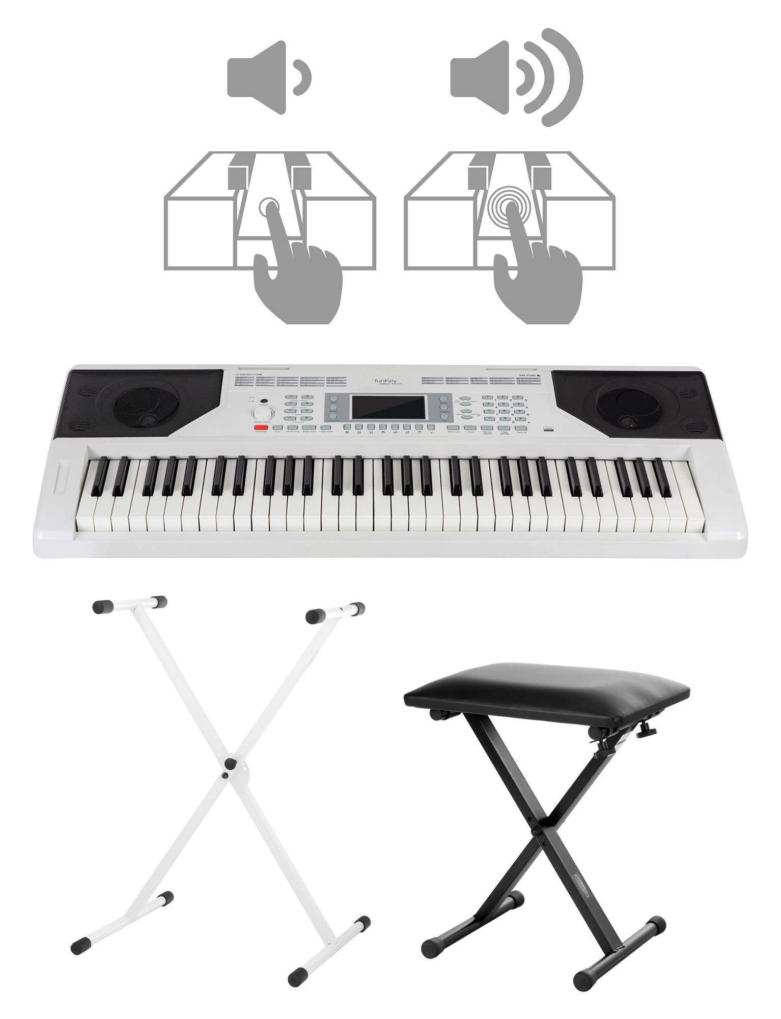 FunKey 61 Edition Touch weiß Set inkl. Keyboardständer + Bank, LC-Display | 61 anschlagsdynamische Standard-Keyboardtasten, 300 Sounds, 300 Rhythmen, 40 Demosongs, 8 Percussion-Pads, Effekte: Sustain