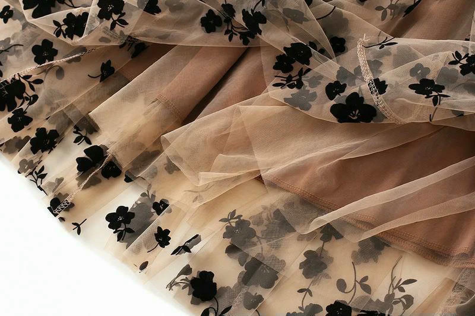 Cintura Sottile Donna Eleganti Donne Floreali Gonne di Tulle in Alto Vita Coreano Gonfie Midi A Pieghe Mesh Uffici Estivi da Gonna Nuovo-Cachi-l