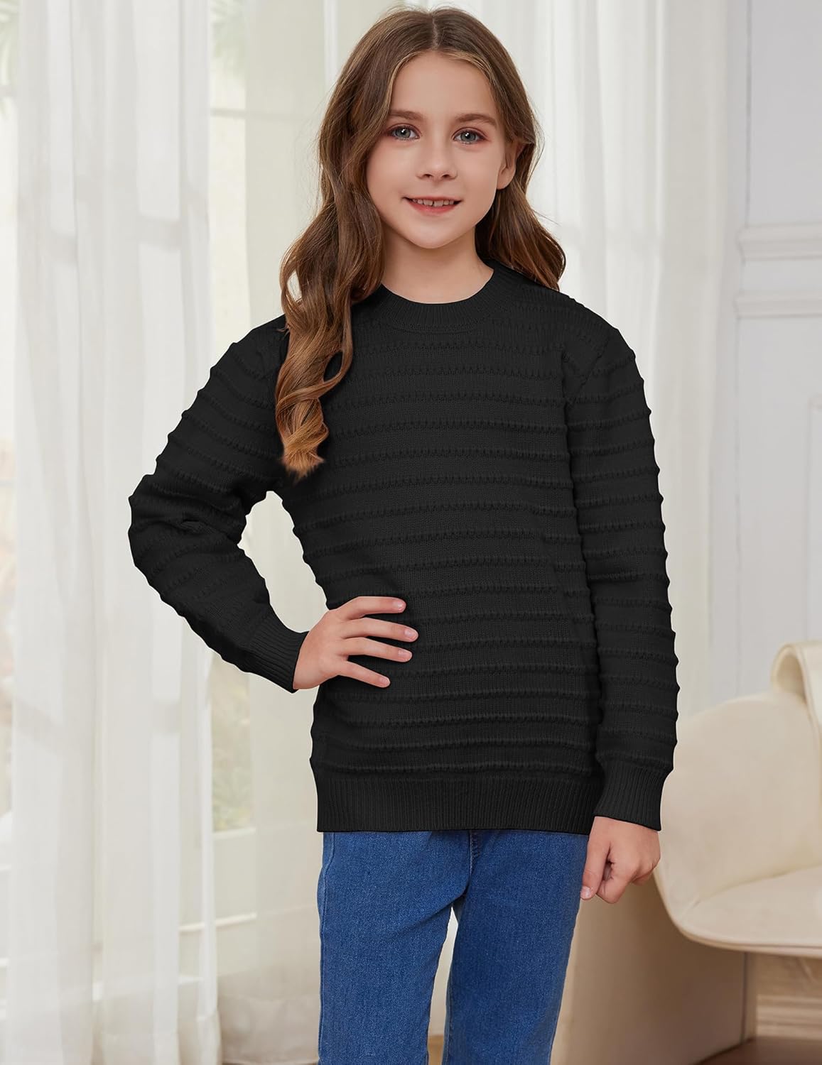 Sweaters for Girls Ribbed Knit Textured Long Sleeve Crew Neck Soft Chunky Pullover Sweater Solid Tops 4-14 Years - Image 2
