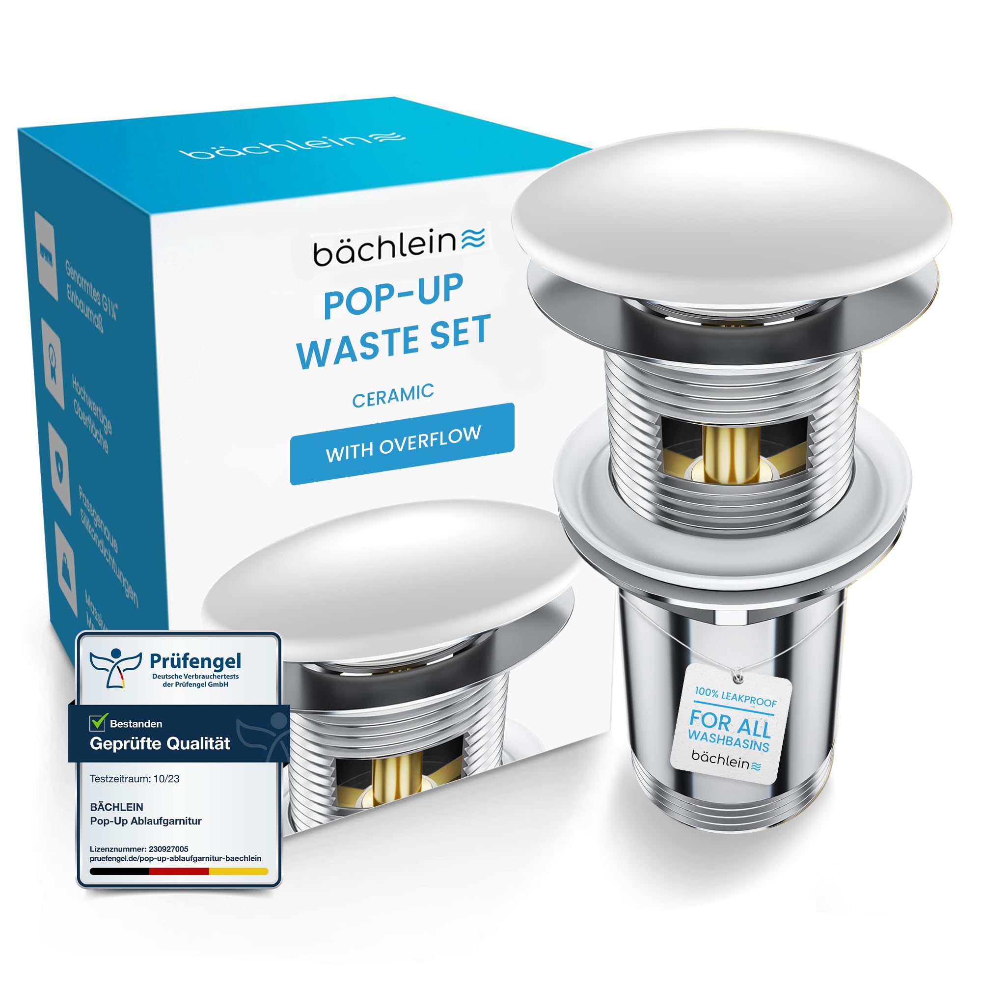 Bächlein Ceramic - With Overflow Universal Drain Fitting With Overflow (Ceramic) - Pop Up Valve For Sink And Washbasin - Brass Drain Valve With Installation Instructions