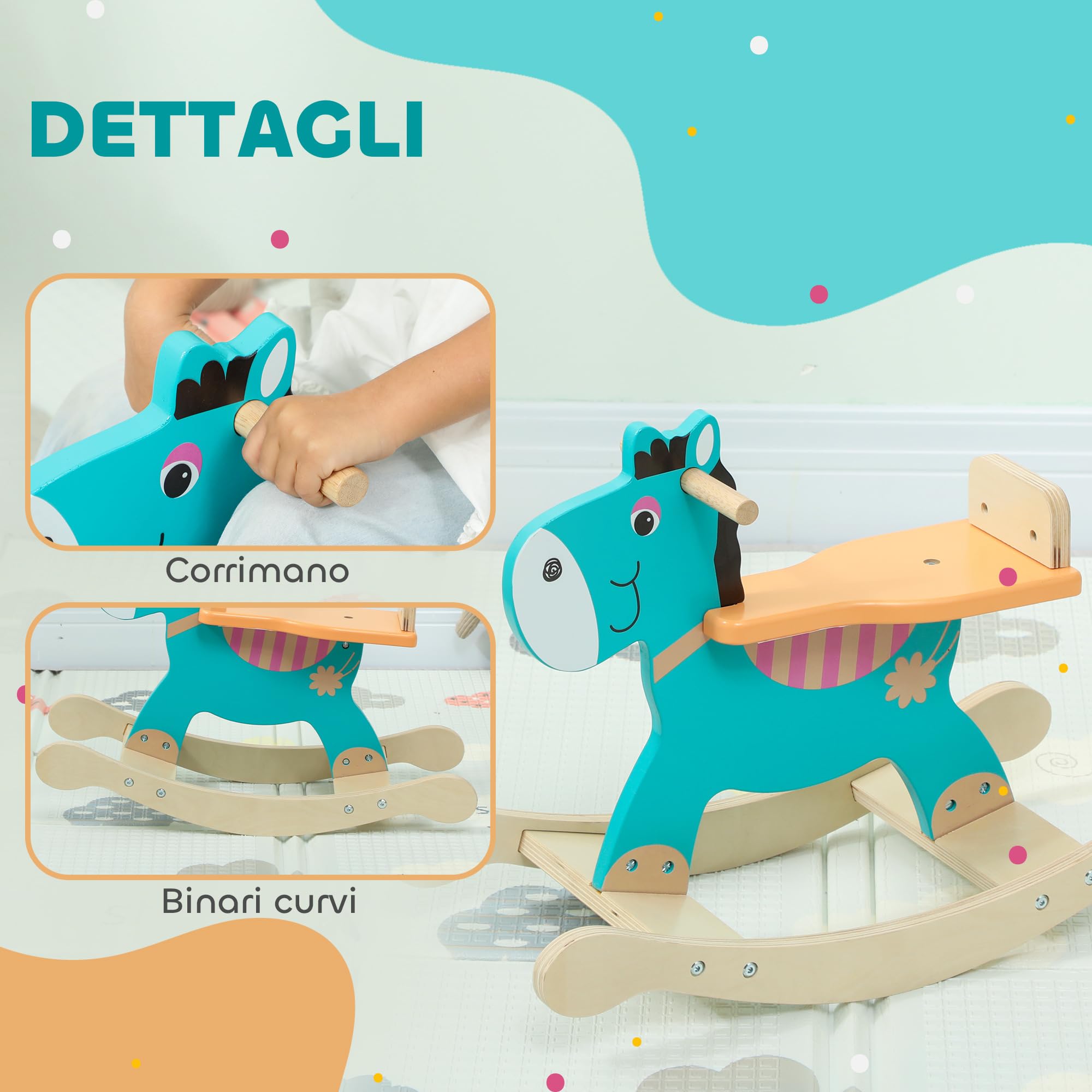 AIYAPLAY Cavallo a Dondolo a Forma di Asino per Bambini 2-5 Anni con Base Larga, Cavallino a Dondolo in Legno compensato, 59x27x43 cm, Verde Scuro e Arancione