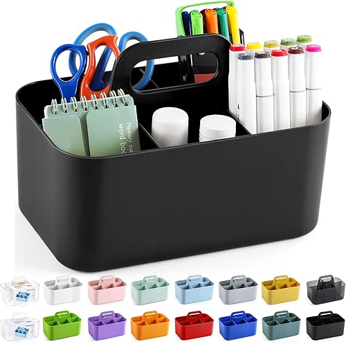 Organizador Caddy Multiusos con Asa - Contenedor Tote de Plástico Apilable - Suministros de Arte y Manualidades, Oficina, Escritorio, Papelería,