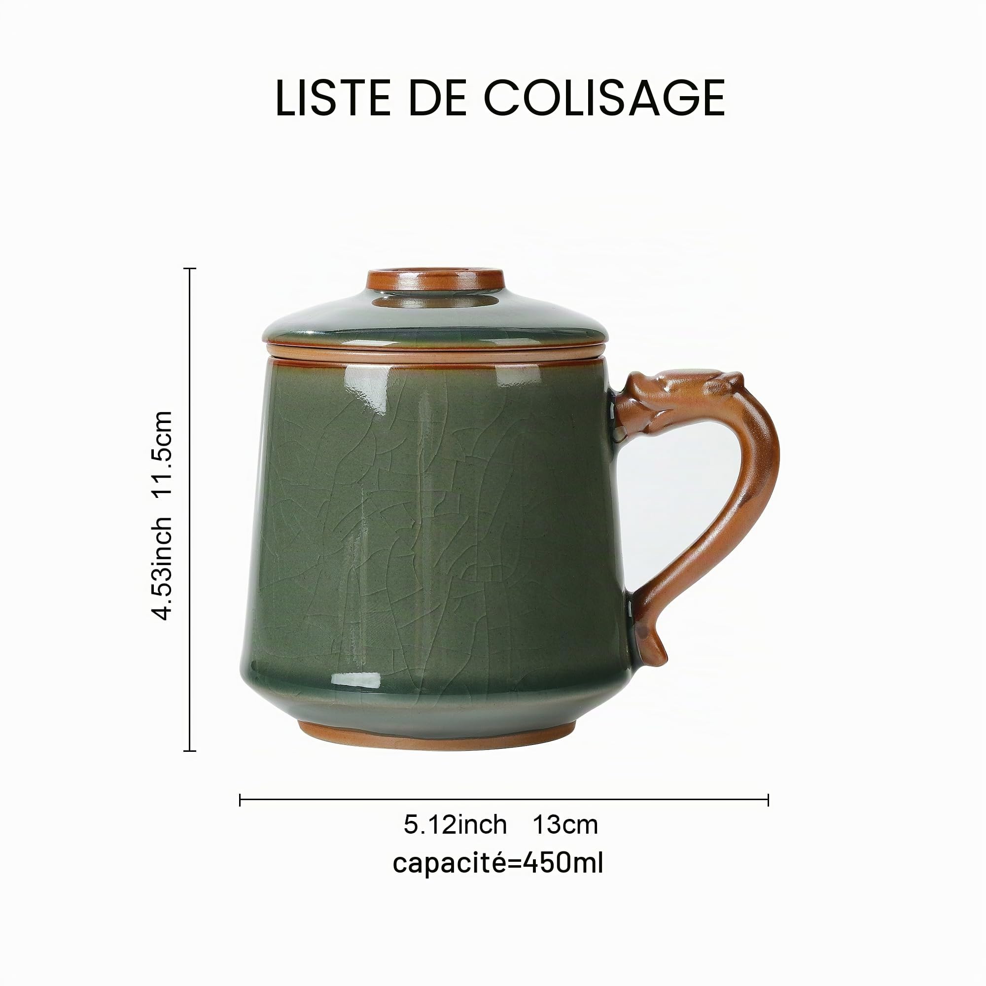 fanquare Tasse à Thé en Céramique avec Infuseur et Couvercle Tasses à Thé Chinoises à Glaçure Verte Grande Tasse à Thé en Porcelaine pour Maison Cadeaux 450ml