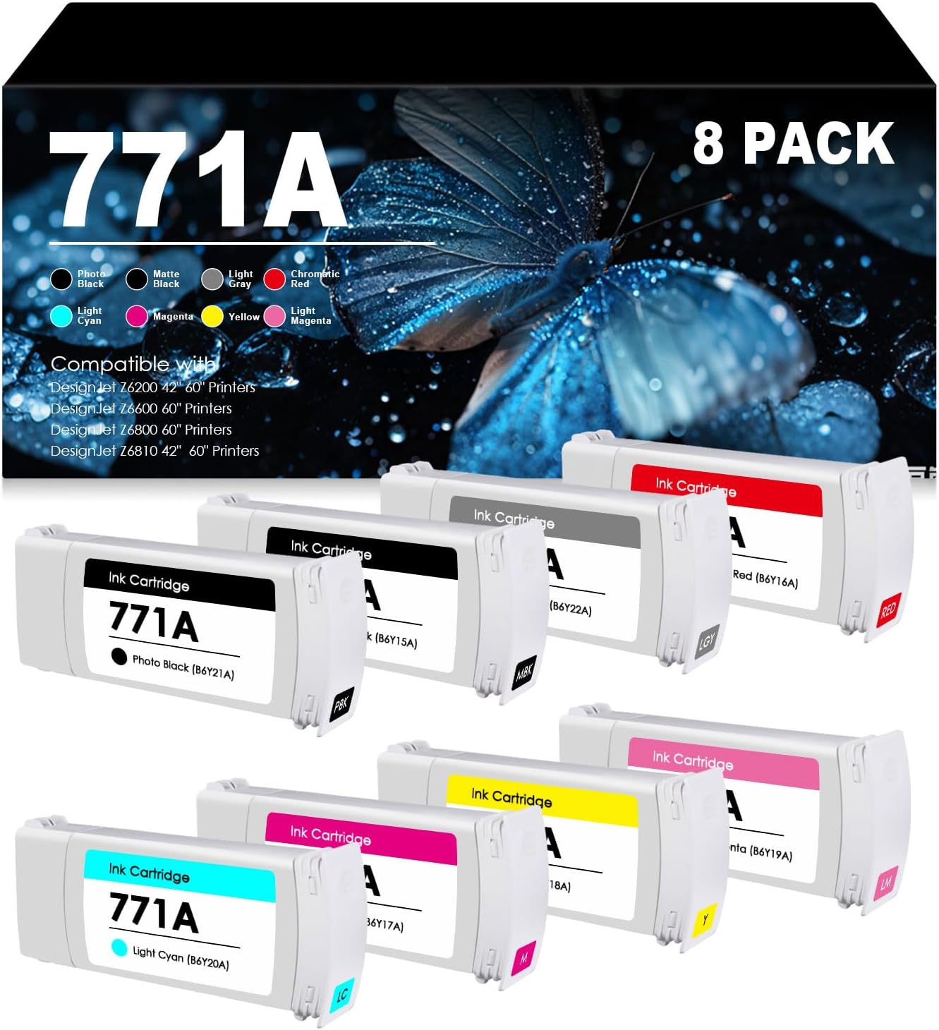 771 Ink Cartridge Set 775ml Replacement for HP 771A B6Y15A B6Y16A B6Y17A B6Y18A B6Y19A B6Y20A B6Y21A B6Y22A for DesignJet Z6200 Z6600 Z6800 Z6810 Printer (8 Pack 771A Ink Kit)