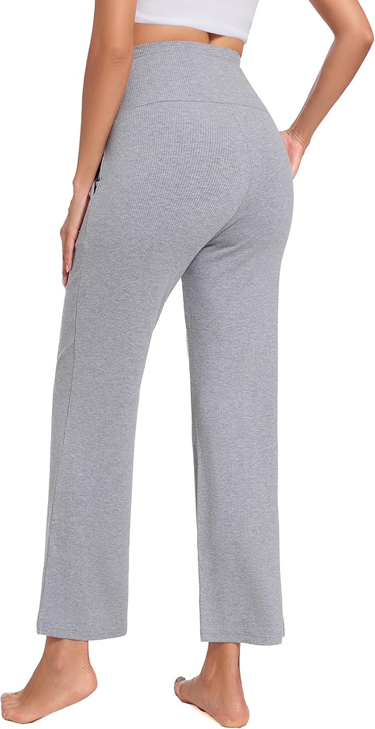 Liu & Qu Womens Maternity High Waisted Lounge Pants Casual Stretchy Ribbed Palazzo Pants Pregnancy Trousers with Pockets - Image 3