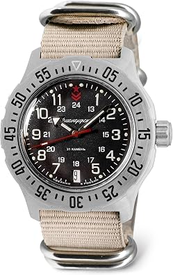 VOSTOK | Komandirskie Military Commander Automatic Self-Winding 42mm Wrist Watch | Model 350751 | WR 100m | Black Dial Mechanical Watch | Luminous dots | Beige Strap