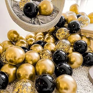 Chrome Balloons, 50 Pcs Gold Metallic, Black, and Confetti Balloons for Birthday, Anniversary, Engagement, Wedding, Baby Shower, Party Decorations (Gold and Black)