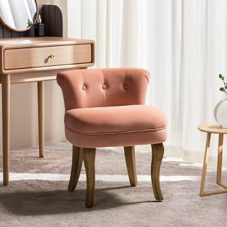 HULALA HOME Pink Velvet Vanity Stool with Low Back - Modern Upholstered Makeup Chair, Solid Birch Wood Legs for Bedroom Dressing Table