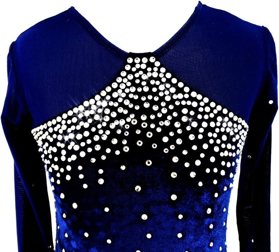 Ice Figure Skating Dress for Girls Ladies Long-Sleeved Beaded Roller Skating Skirt Dark Blue