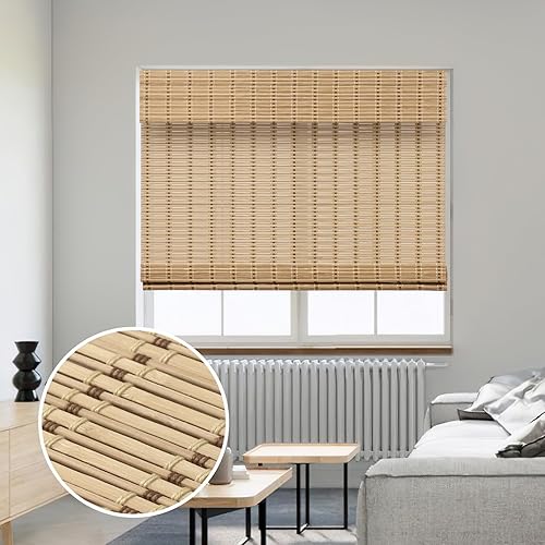 SMONTER Bamboo Roman Shades for Windows-Cordless Wooden Woven Blinds Light Filtering Bamboo Roll up Shades UV Protection and Easy Set up for Door and Countryhouse, 26" W x 64" H, Squirrel
