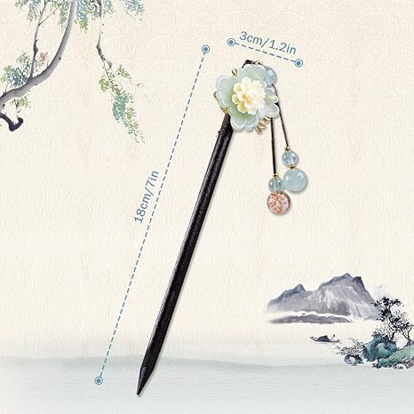 Yitexin Pack of 2 Chinese Wooden Hair Pins for Long Hair Vintage Retro Hair Sticks for Women Bun Elegant Hair Stick Flower Tassel Hair Stick Chignon (Cymbidium)