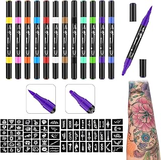 Ponhey Temporary Tattoo Markers for Skin, 12 Body Markers+67 Large Tattoo Stencils,Dual-End Tattoo Pens,Fine Lines with Cosmetic-Grade,Flexible, Skin-Safe Face Paint Kit for Kids Teenage Adults