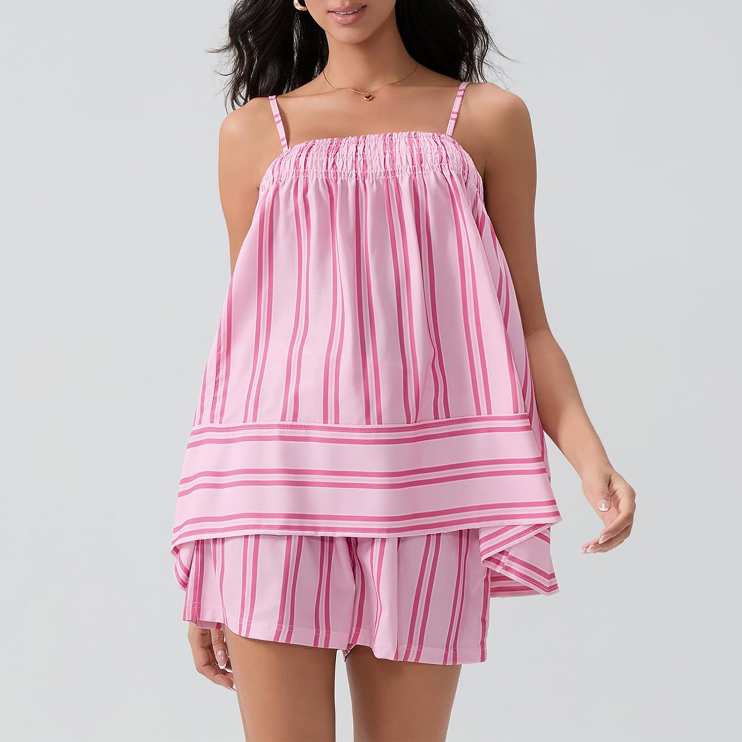 Lordree Women Striped Pajama Set Ruffle Hem Spaghetti Strap Cami Top Wide Leg Shorts Set Y2k 2 Piece Pj Outfits - Image 2