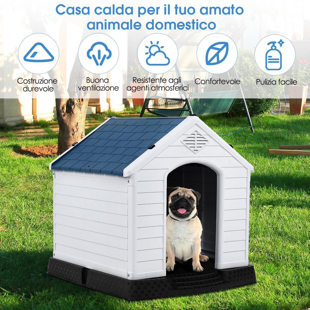 COSTWAY Cuccia per Cani da Esterno ed Interno, Casetta Impermeabile e Ventilata con Valvole d’Aria e Pavimento Rialzato, per Cani di Piccola e Media Taglia (Blu, 70 x 65 x 71,5 cm)