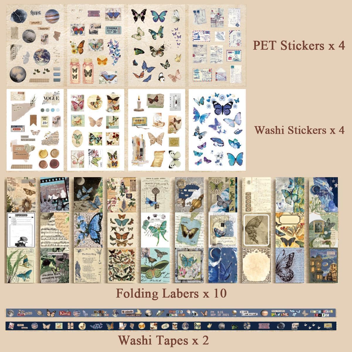 LANLOY 346pcs Journal Supplies Kit Vintage Scrapbook Stickers Art Journaling Bullet Junk Journal Planners DIY Collage Album (New Butterfly) Self-adhesive, Wall,18.2 cm | Paper | Purple 1