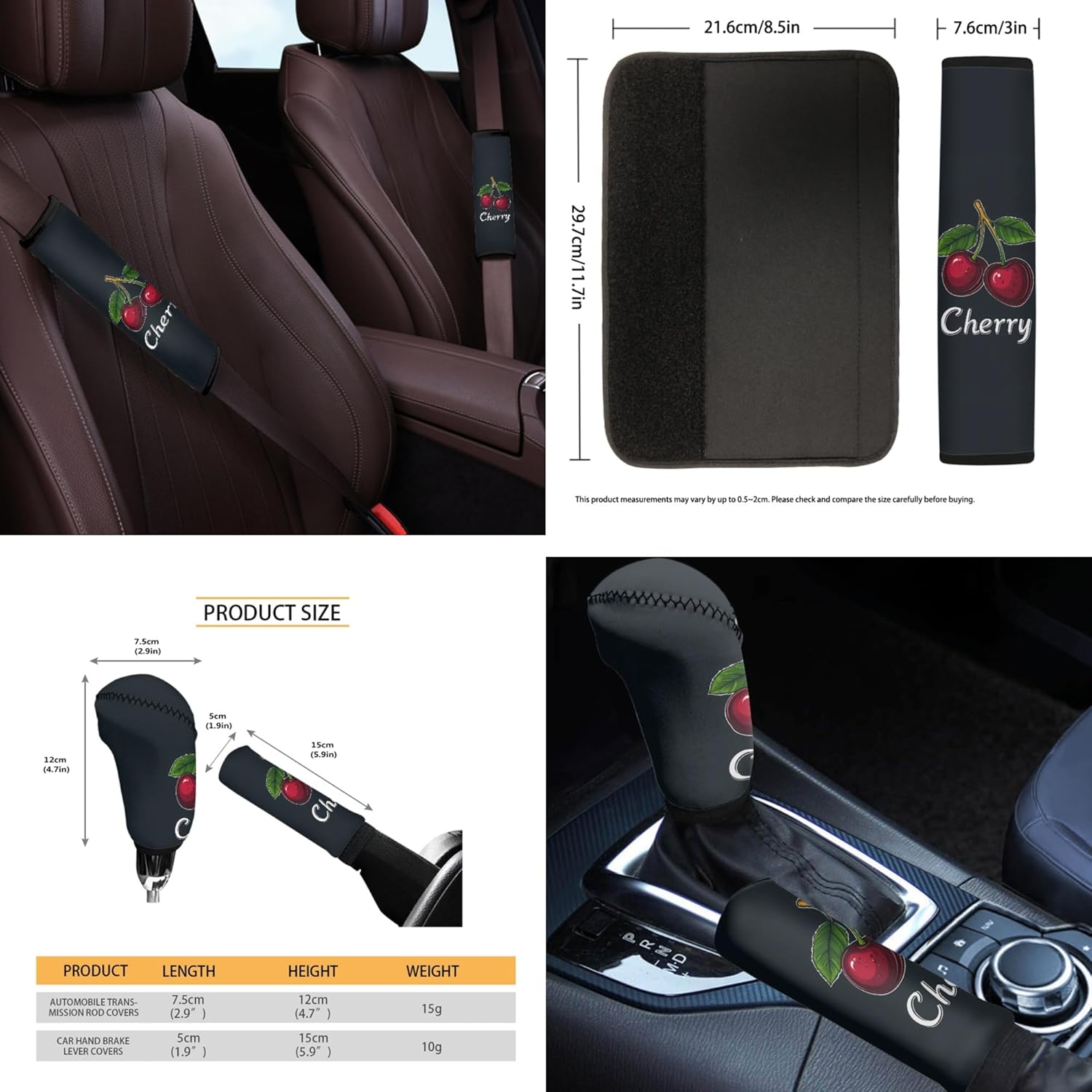 Red Cherry Car Seat Covers - 14 PCS, Steering Wheel, Seat Belt Pads, Waste Basket, Rearview Mirror, Cup Holder, Center Console, Handbrake, Gear Shift, Fit for Truck Sedan SUV, Black