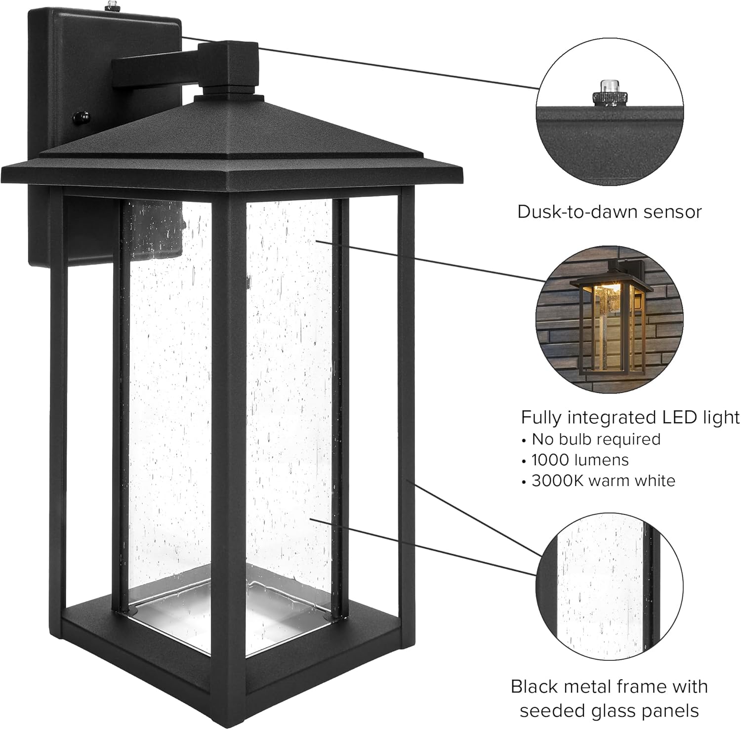 Maxxima LED Outdoor Wall Light - Seeded Glass, Features Automatic Dusk to Dawn Photocell Sensor, 1000 Lumens, 3000K Warm White, 15.5 Inch Height, Decorative Home Entryway and Porch Lantern