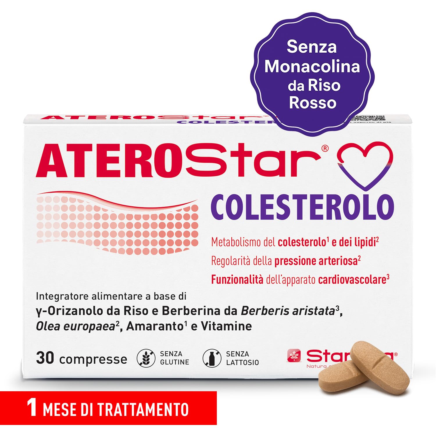 Aterostar Colesterolo - Integratore con Berberina 500 mg – 30 giorni - Integratore senza riso rosso fermentato, Monacolina K, con γ-Orizanolo, Olea Europaea e Vitamina B6 E B12 – 30 cpr - Stardea