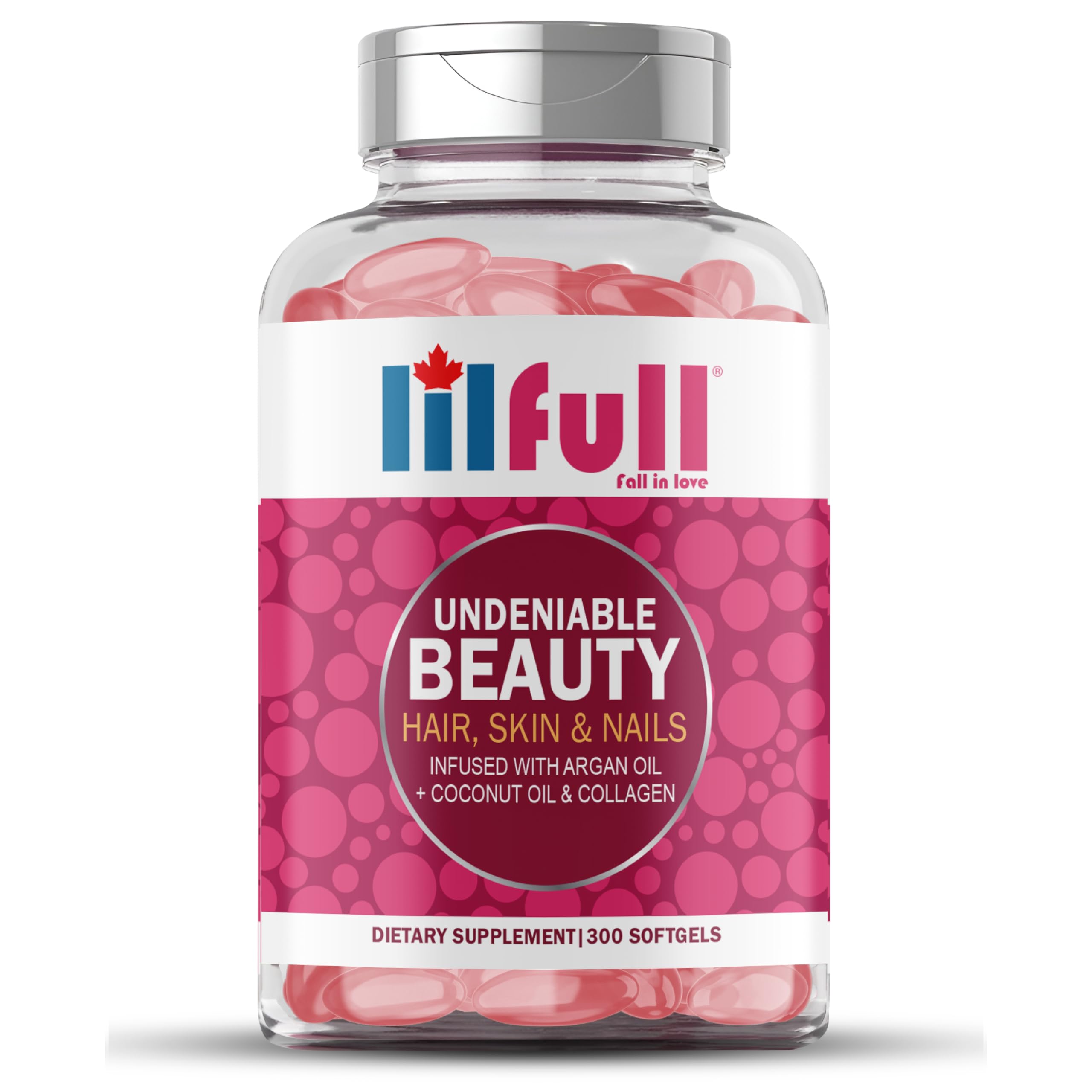 Hair, Skin & Nails 300 Softgels | Enriched with Vitamins A, C, D3, E, B1, B2, B6, B9, B12, B7, B5 | Promotes Hair, Glowing Skin & Strong Nails | Infused with Argan Oil, Coconut Oil & Collagen