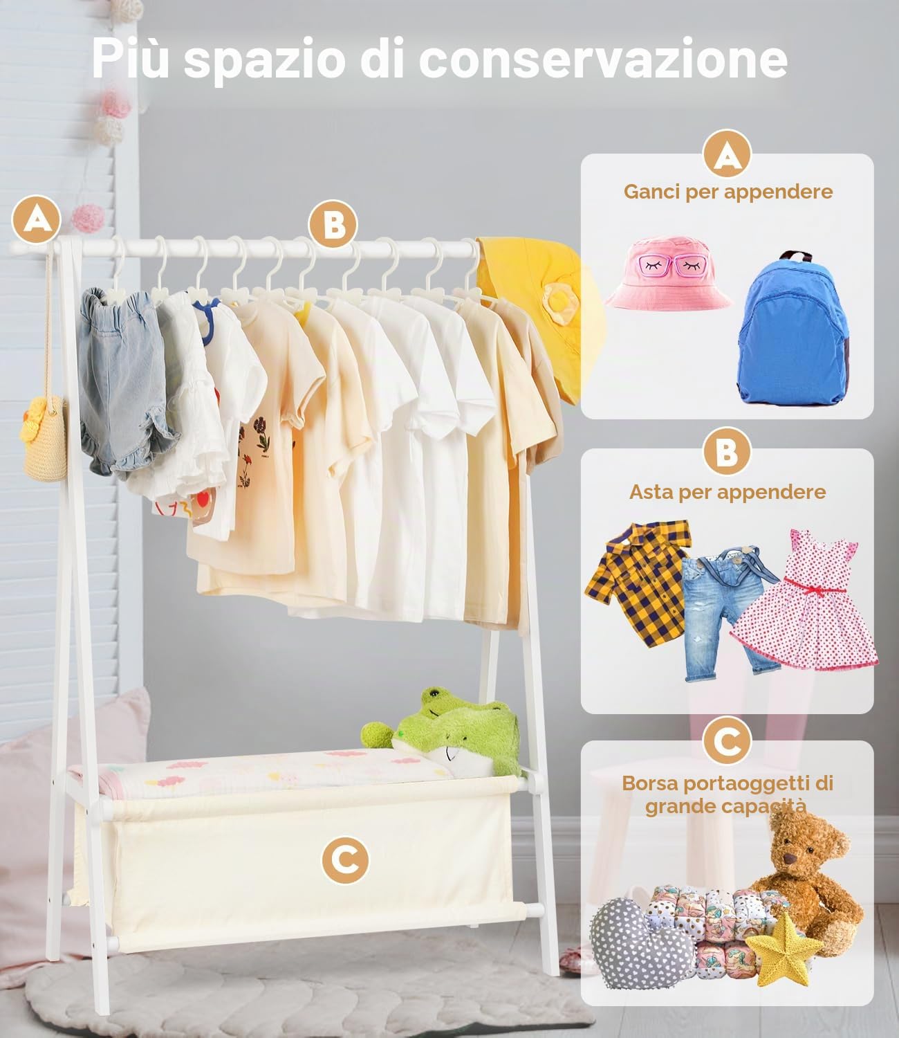 Appendiabiti per bambini con portaoggetti, appendiabiti per bambini, piccoli indumenti, per costumi, in bambù (bianco)