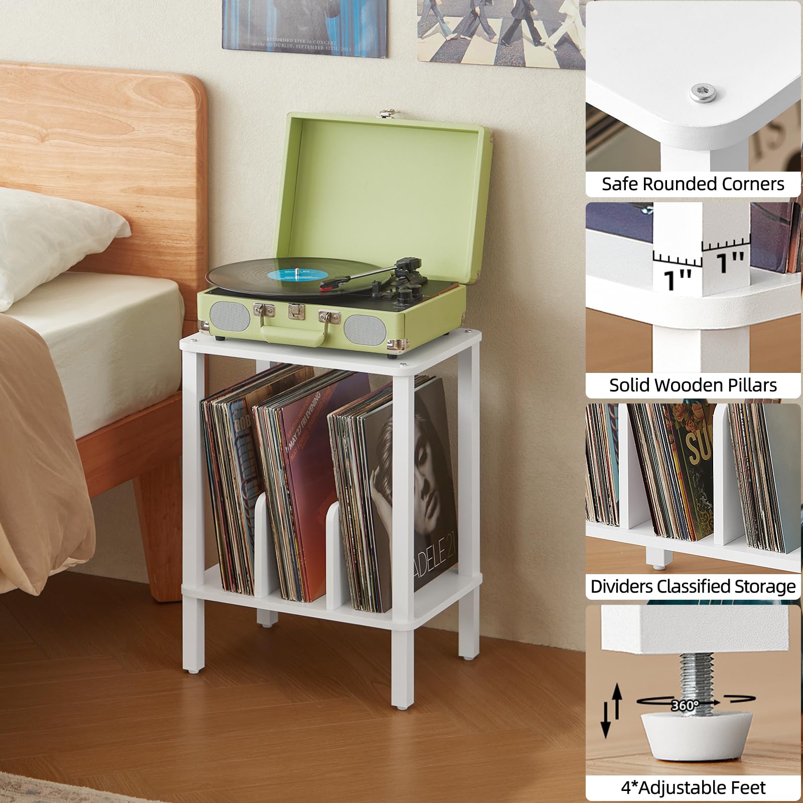 LELELINKY Supporto per giradischi in bambù a 2 livelli, con custodia per dischi vinile fino a 100 album, portadischi in stile boho per la camera da letto e tavolino multifunzione,Bianco