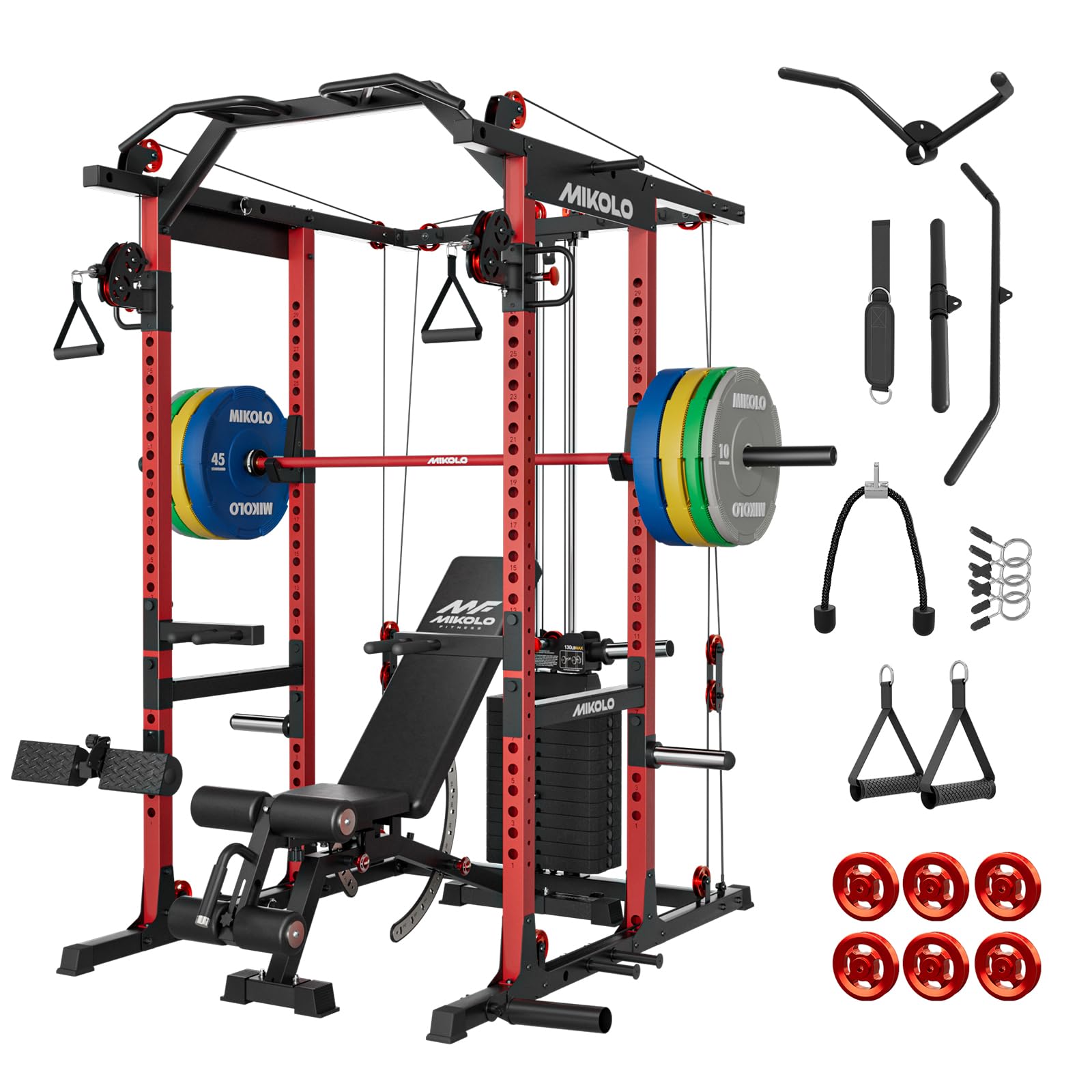 Mikolo K6 2.0 Power Cage, Power Rack with Cable Crossover System, 2000LBS Squat Rack with LAT Pull Down System, Functional Trainer with Aluminum Pulley System for Home Gym