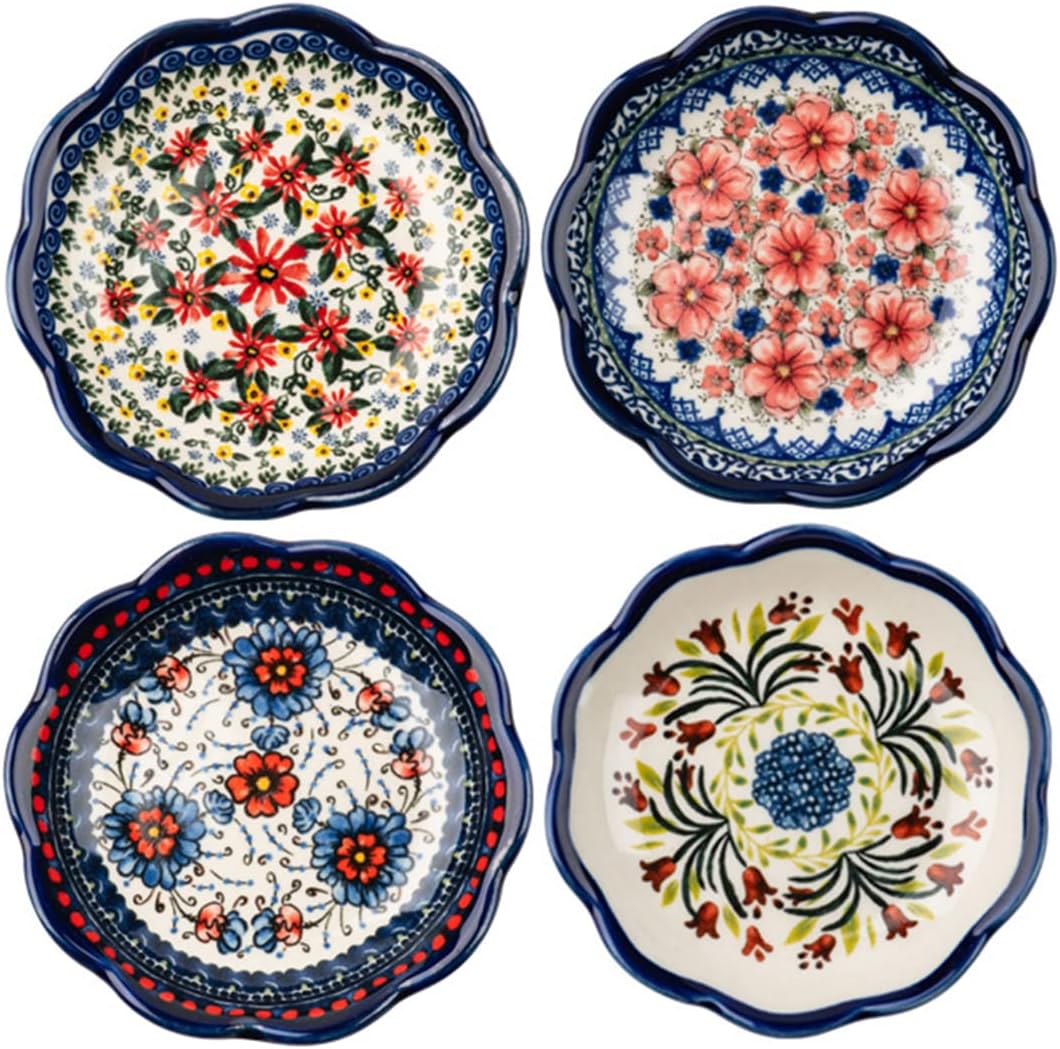 Sizikato 4pcs Porcelain Appetizer Plate, 4-Inch Snack Plate Sauce Dipping Saucer, Exotic Flower Pattern