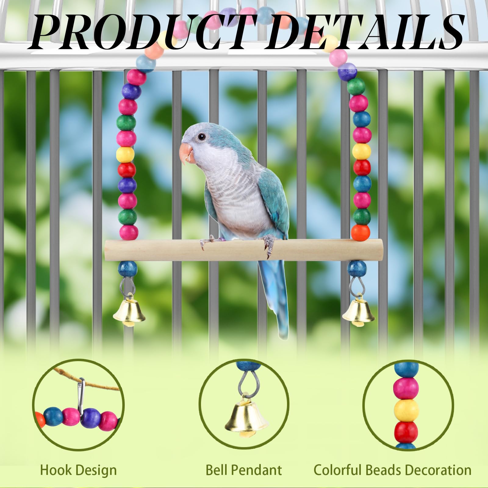 Natural Wooden Bird Swing With Bell, Colorful Parrot Cage Hanging Toy, Perch Stand Boredom Breaker for Budgie Parakeet, Cockatiel (L) - Image 3
