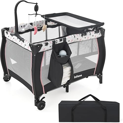 Miniatura 10 de INFANS 3 en 1 Pack and Play, cuna portátil de viaje para bebé con colchón desmontable, cambiador para recién nacidos, corralito plegable con bolsa