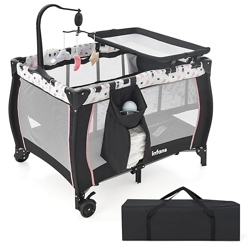 INFANS Paquete y juego 3 en 1, cuna portátil de viaje para bebé con colchón desmontable, cambiador para recién nacidos, corralito plegable con bolsa