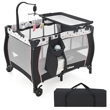 INFANS 3 in 1 Pack and Play, Portable Travel Baby Bassinet with Detachable Mattress, Changing Table, Foldable Playpen with Carry Bag, 2 Wheels Cartoon
