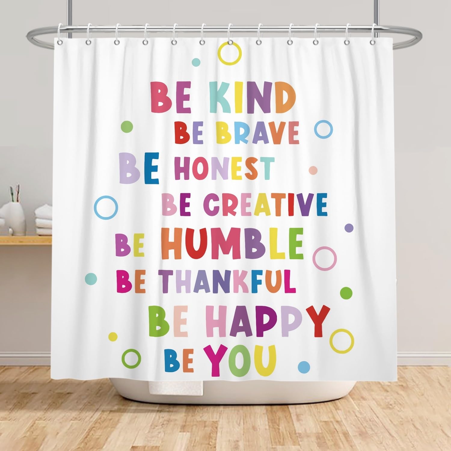Xiaoterna White Shower Curtain Watercolor Interesting Motto Sentences Bathroom Curtain Colorful Character Circle Bubble Pattern Mould and Mildew Resistant Machine Washable Shower Curtains 180x180cm - Image 3