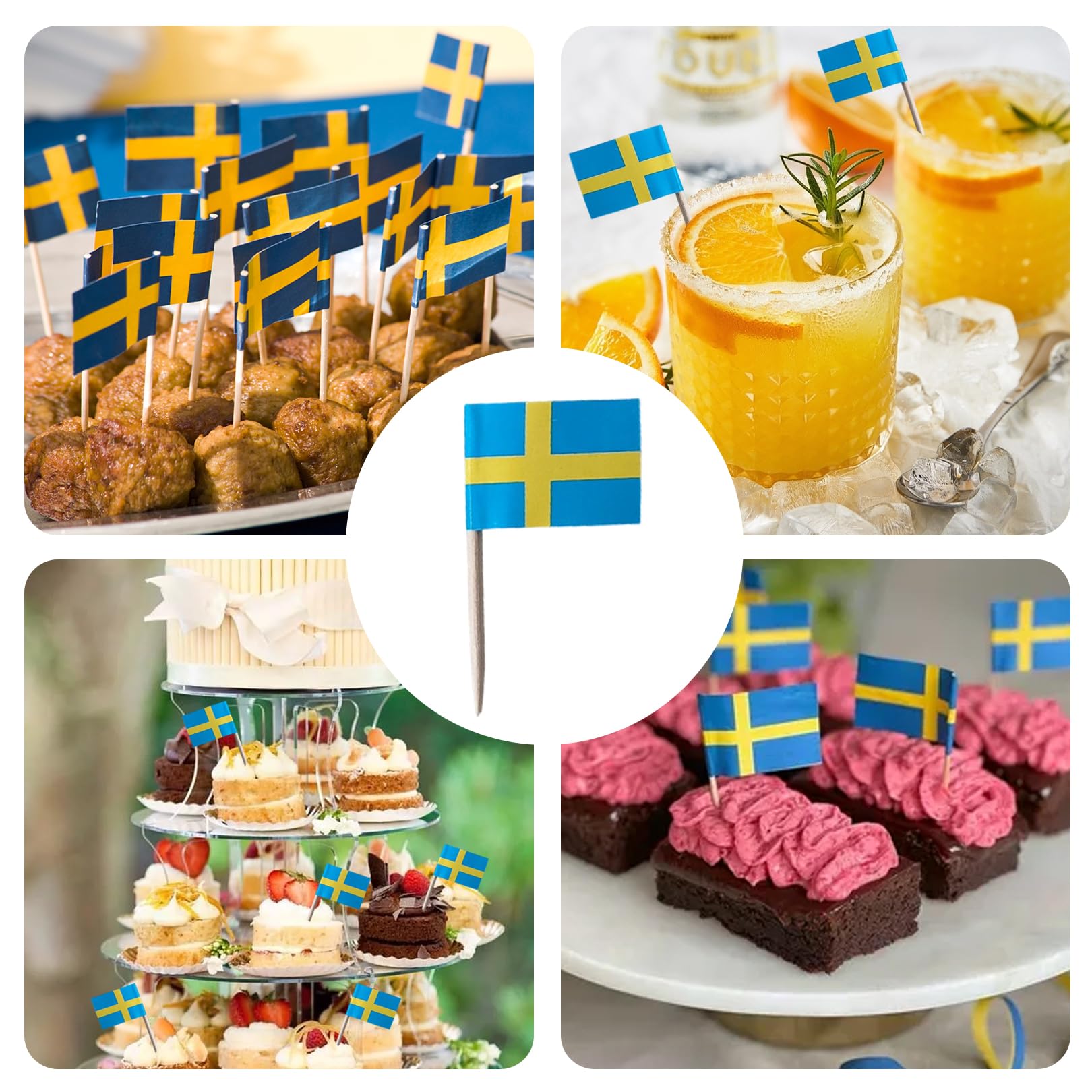 100 banderas de Suecia, palillos de dientes con bandera de Suecia, decoración de Suecia, bandera de Suecia, para cócteles, palillos de dientes con banderas para cupcakes, vajilla, fiesta, pub, EM WM