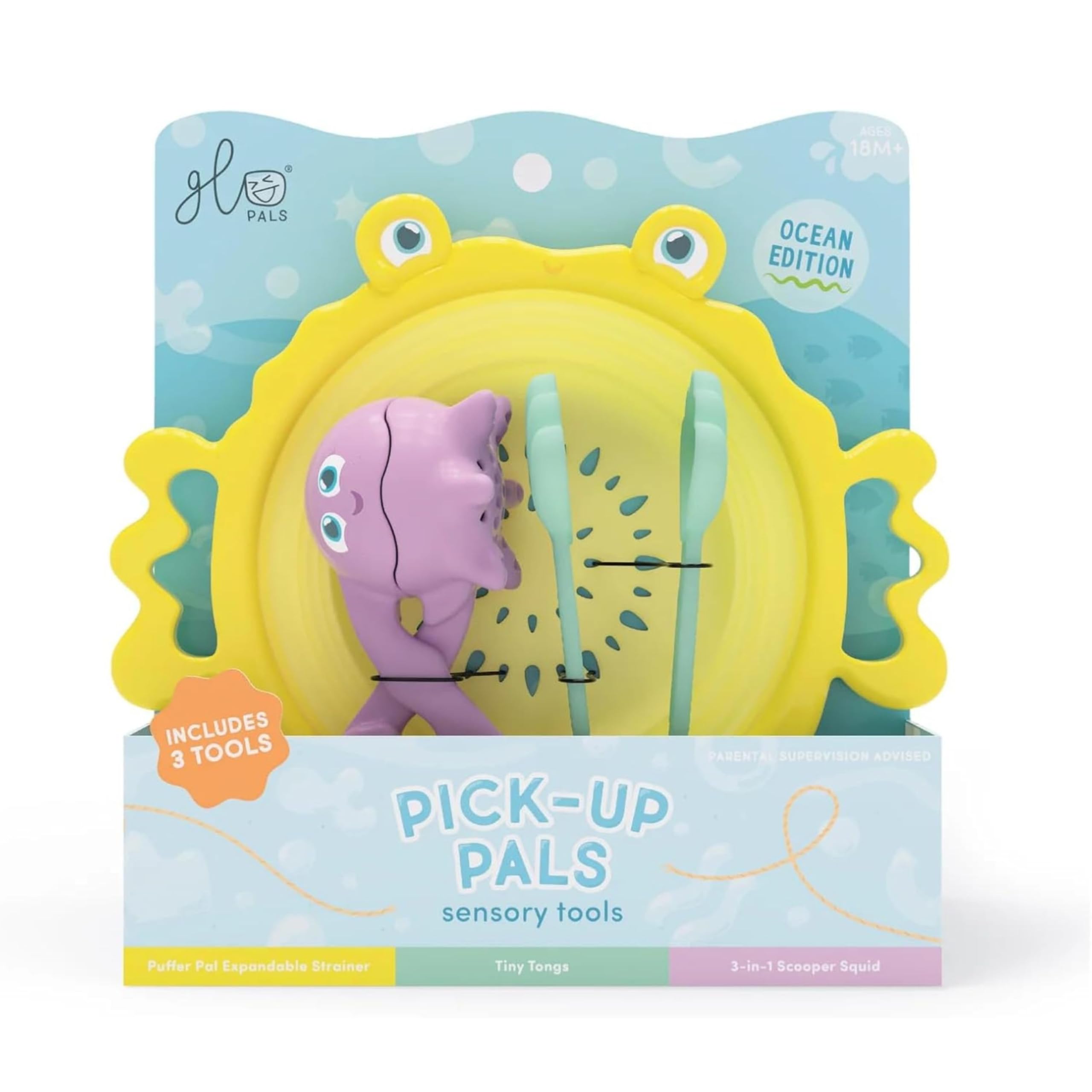 Glo Pals, Set di 3 Strumenti Sensoriali Pick Up Pals, con Scuotitore, Pinzette e Scovolo, Gioco per Bambini da 18 Mesi di Età, Aiuta lo Sviluppo Sensoriale e Cognitivo, in Silicone Medicale