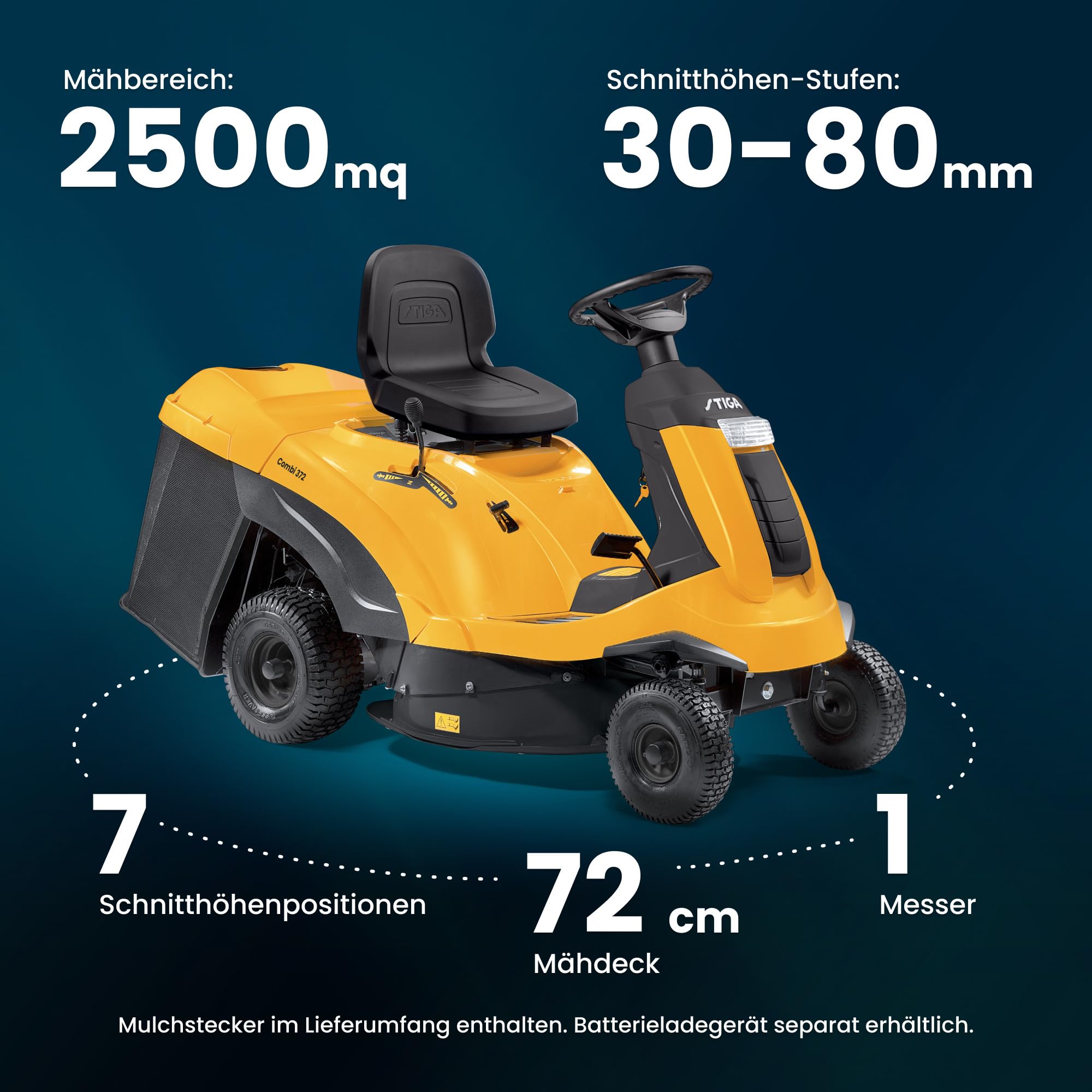 STIGA Combi 372 Aufsitzmäher, 414 cc, 72 cm, 170 L – Hydrostatisches Getriebe, Mulchfunktion – Rasenflächen bis 2.500 m²