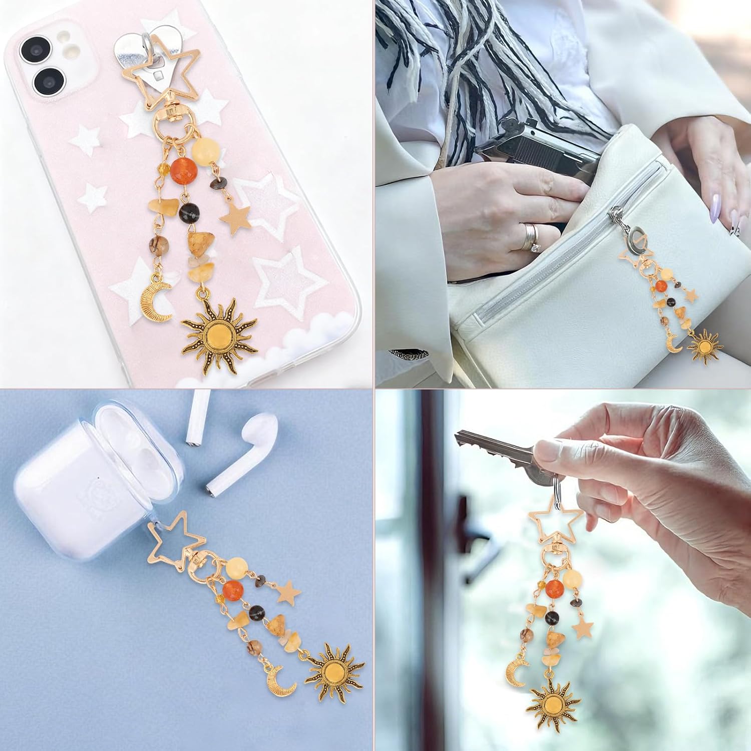Y2K Boho Sun Moon Star Keychain - Gold Star Clasp Stone Beaded Bag Charm for Backpack Purse - Image 5